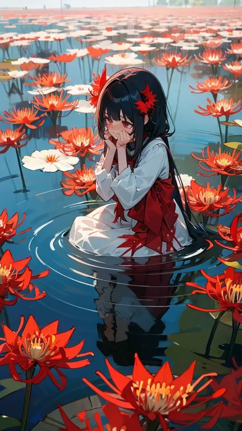 A masked girl cries at the pond where red spider lilies bloom。But that can never be found。I have to hide it so that no one will notice.。