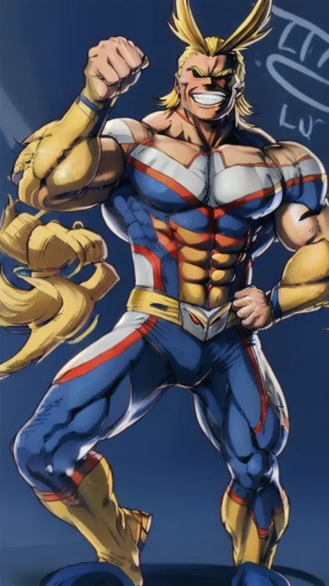 A man, yellow hair, all back hair, smiling, white shinny teeth, blue skinny suit, tall, Muscular Physique, Powerful Biceps, Bulging Muscles, fighting pose.