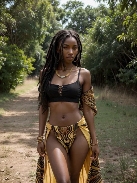 8k, RAW photo, very realistic, realistic photo of stunning skinny ebony girl, (ebony girl, 20 years old, most beautiful ebony girl in the world, slim face, dark skin, black dreadlocks hair, dreadlocks), wearing african national costume, ((wearing shirt)), ...