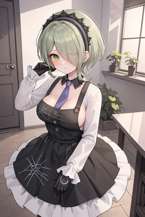 (highly detailed:1.3), tkirumi, looking at viewer, , large breasts, long sleeves, white shirt, green hair, black gloves, hair over one eye, black dress, maid headdress, pinafore dress, hand on own head, spider web print, Ultra-detail,(highres:1.1),best qua...