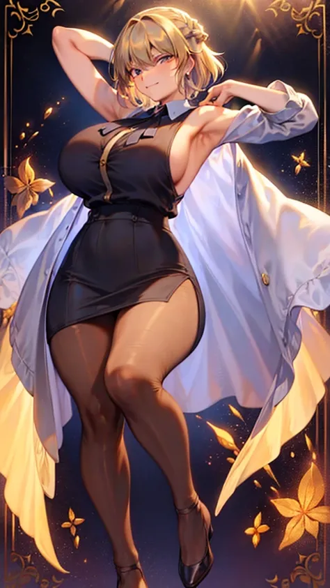 ((masterpiece)),((Highest quality)),High resolution,Extremely detailed CG,Perfect lighting,8k wallpaper, One Girl,short hair、Blonde Hair、Very large breasts、Very large breasts、Smiling、Sleeveless white business shirt、Shiny black short pencil skirt、tights、Sle...