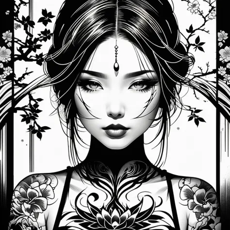 (high qualiy,4K,8K,high resolution,work of art:1.2),ultra detali,detailedeyes, Detailed lips,black and white ink stroked Japanese tattoo,girl with complex traditional tattoo,elegant dark hair flowing down,subtle shading and highlights,Japanese traditional ...