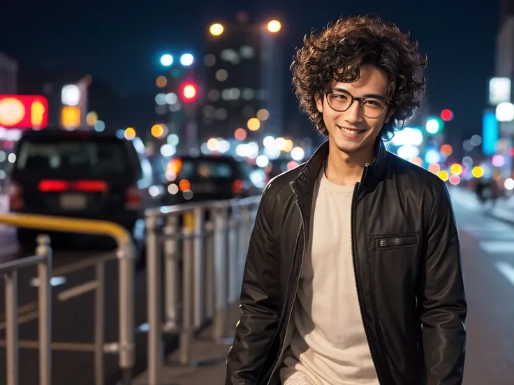 (best quality:1.2), masterpiece, Realistic, Ultra-high resolution, 1 Japanese man, 26 years old, Curly hair, Wearing glasses, Walking with a smile, City at night