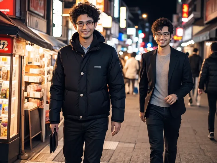 (best quality:1.2), masterpiece, Realistic, Ultra-high resolution, 1 Japanese man, 26 years old, Curly hair, Wearing glasses, Walking with a smile, City at night