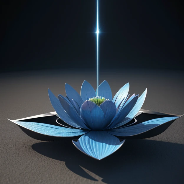 a glittering blue flower made of chromed steel, titanium, vanadium and iron, dominant blue color tonality, growing on a fractal ...