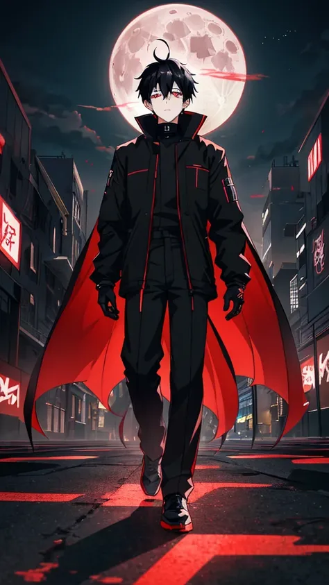 ultra quality, 4K, anime illustration, male body, 15 year old boy, black clothes with red lines,black hair, scarlet eyes full of hate, dark aura, Very Detail, full moon night, empty city