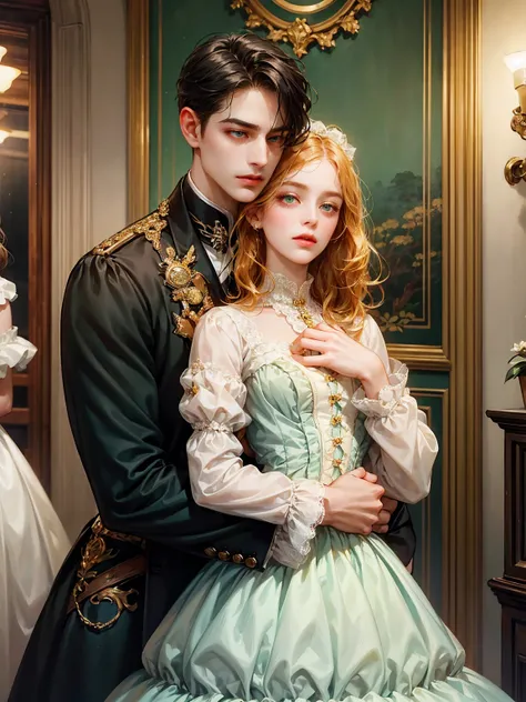 Couple, 1 girl 1 boy. Different hair color, cropped black hair and green eyes, small breast, victorian era unglued dress, short bonde hair, wavy hair and (sky blu eyes) , male Victorian era dress. They look at the viewers. The hug. Background inside of a h...