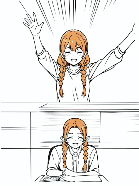 1girl,20 years old,solo,mature female,tiger ears,long hair,(twin braids),orange hair,casual,(white background,line drawing),lopen mouth,closed eyes,open mouth,smile,from front,pov across table,waving, waving arm