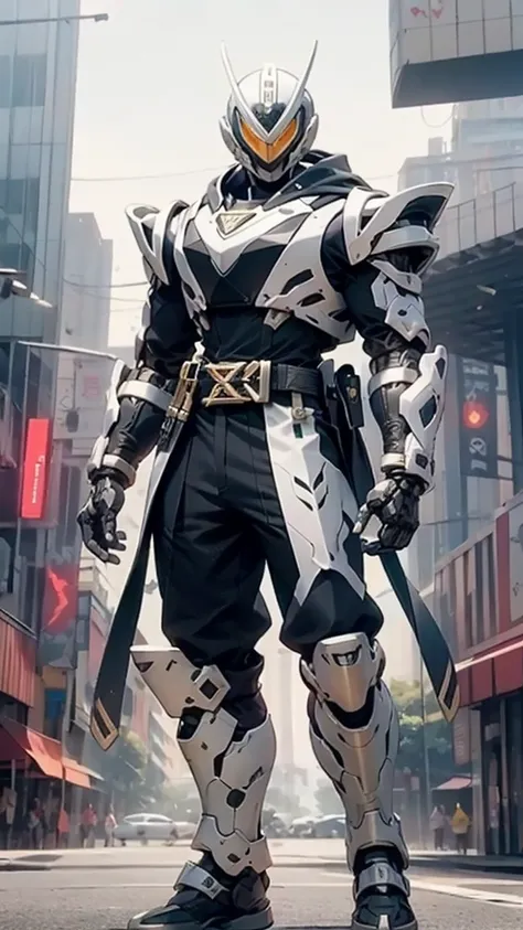 A man wearing a full-face helmet, a fantasy-style biotech armored combat suit, green eyes, (a composite layered chest armor), fully enclosed shoulder guards, matching arm and leg guards, the belt is adorned with cross, (the color scheme is primarily white ...