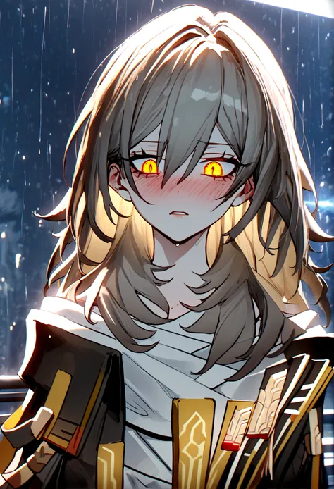 1girl, solo, looking down, stelle (honkai: star rail), very long hair, silver hair, golden hair, serious gaze, glowing eyes, sol...