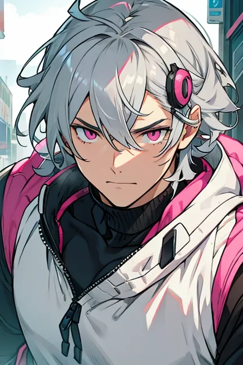 robot man, Grey hair, con hair clips, pink eyes, White sweater 