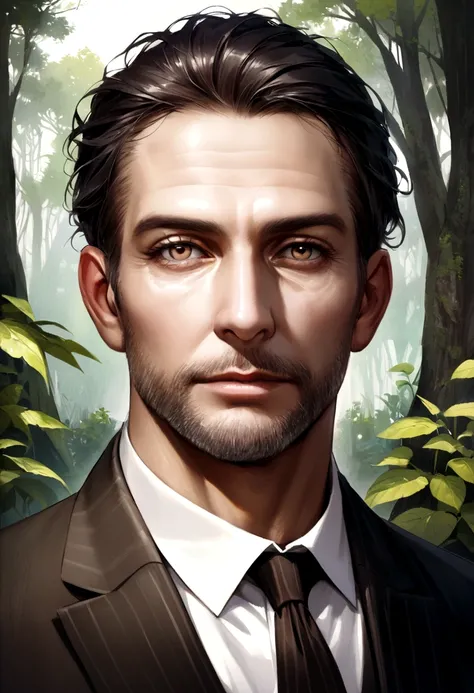 Create for me a beautiful and realistic businessman in portrait,There will be a forest in the background