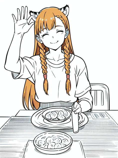 1girl,20 years old,solo,mature female,tiger ears,long hair,(twin braids),orange hair,casual,(white background,line drawing),lopen mouth,closed eyes,open mouth,smile,from front,pov across table,waving, waving arm,hand_on_own_face, head_rest, hand_on_own_che...