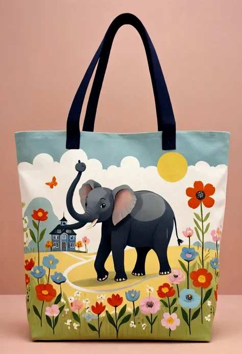 （Canvas Tote Bag Design），Simplicity，modern，upscale，Cute cartoon elephant，Color blocking，Flowers，Taiping Life Insurance Logo，The tote bag is printed with picturesque spring scenery，Flowers in bloom，of houses。Scandinavian art style，Soft colors，Delicate lines...