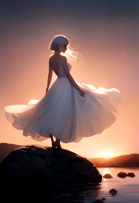 woman in a white dress stands on a rock overlooking the river, Mark Adams, flowy dress, amazing photo shoot, inspired Michael Komark, Flowing white dress, flowy dress, ethereal back light, 5 0 0 px,  Michael Komark, unearthly beauty, Max Reeve, Popular 16:...