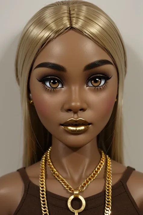 Blythle doll, brown skin a little whiter, almond eyes with pretty eyeliner, round face shape, GOLD CHAINS