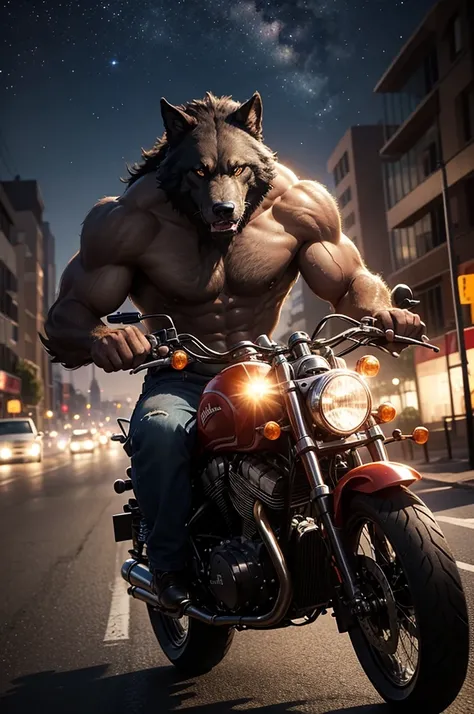 A muscular young wild black werewolf driving a big classic road motorcycle down a deserted road at night with an evil entity watching among the stars