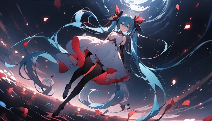 masterpiece, Highest quality, One girl, alone, Long Hair, hatsune miku, Twin tails, very Long Hair, bodysuit, Blue Hair, gloves, whole body, blue eyes, floating, View your viewers, hair ornaments, No sleeve, black gloves, Multicolored Hair, Facial blemishe...