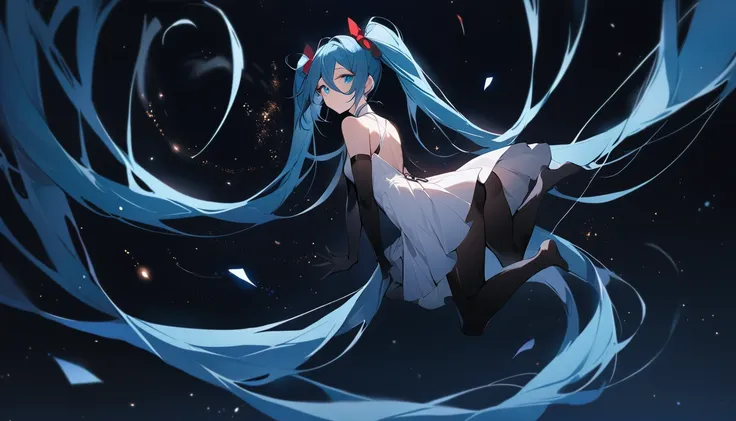 masterpiece, Highest quality, One girl, alone, Long Hair, hatsune miku, Twin tails, very Long Hair, bodysuit, Blue Hair, gloves, whole body, blue eyes, floating, View your viewers, hair ornaments, No sleeve, black gloves, Multicolored Hair, Facial blemishe...