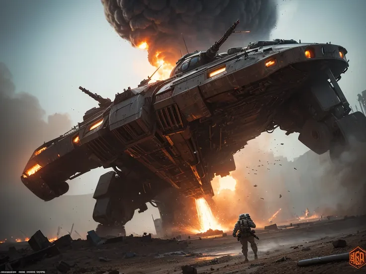 a gritty, cinematic military sci-fi scene, hyperdetailed machinery, powerful explosions, heroic soldiers, awe-inspiring scale, dramatic depth of field, stunning visual effects, high-octane combat, photorealistic, 8k, masterpiece, concept art