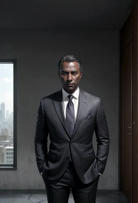 Create for me a realistic dark-skinned businessman in portrait, There will be a building in the background, he is standing in the room