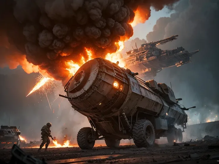  gritty military sci-fi, cinematic composition, dramatic depth of field, masterful rendering, hyper-detailed machinery, powerful explosions, heroic soldiers, awe-inspiring scale, stunning visual effects, high-octane combat, jaw-dropping spectacle