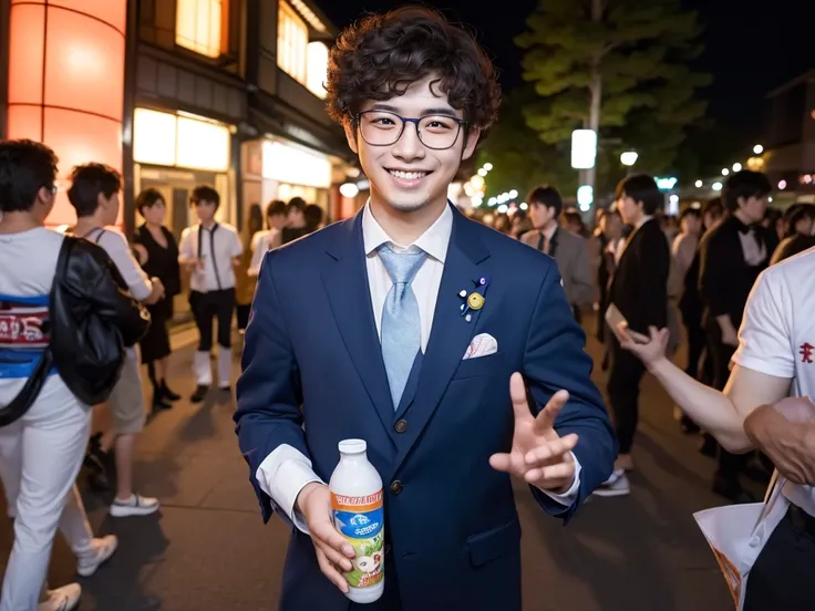 (best quality:1.2), masterpiece, Realistic, Ultra-high resolution, (((1 Japanese man:1.2))), 22 years old, Curly hair, Wearing glasses, Walking with a smile, background is Party Venue