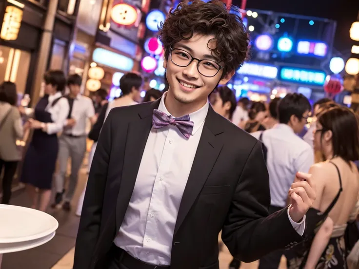 (best quality:1.2), masterpiece, Realistic, Ultra-high resolution, (((1 Japanese man:1.2))), 22 years old, Curly hair, Wearing glasses, Walking with a smile, background is Party Venue