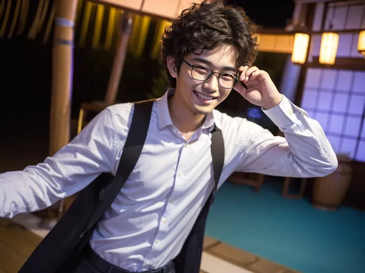 (best quality:1.2), masterpiece, Realistic, Ultra-high resolution, (((1 Japanese man:1.2))), 22 years old, Curly hair, Wearing glasses, Walking with a smile, background is Party Venue