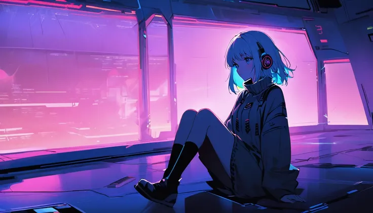 cute cute, lonely, 1womanl, Medium length hair, White hair, Rainbow hair, blue colored eyes, earphone, knit dress, futurist, cyber punk, Panoramic room, in the lo-fi sunset, looking away, sitting down