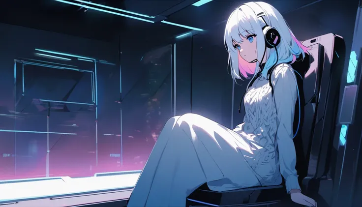 cute cute, lonely, 1womanl, Medium length hair, White hair, Rainbow hair, blue colored eyes, earphone, knit dress, futurist, cyber punk, Panoramic room, in the lo-fi sunset, looking away, sitting down