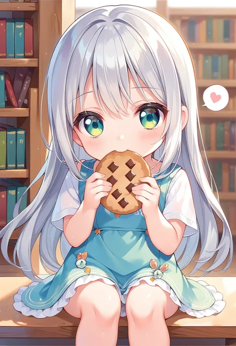 score_9, score_8_up, score_7_up, source_anime, (chibi), eating cookie, spoken heart, sitting, silver hair, emerald eyes, library background, simple background