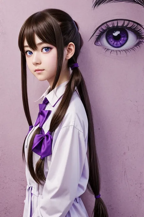 Anime Girl with long brown pigtails and purple eyes with heart pupils drawn in MAPPA artsyle