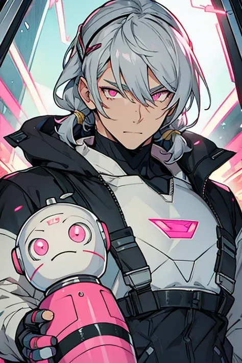 robot man, Grey hair, con hair clips, pink eyes, White sweater, cheerful 