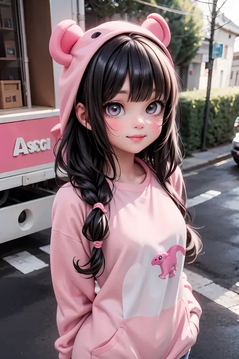 a girl in pink dinosaur costume