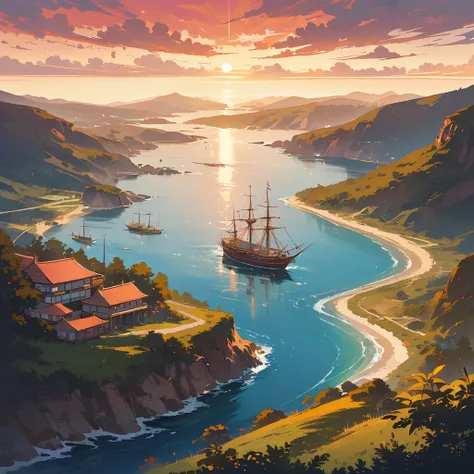 “It represents the British Colonization in Australia at dawn. The landscape shows the coast of Sydney in 1788: a wide bay with calm waters, small boats docked near the shore and hills covered with vegetation in the background. Use warm tones (Golden, orang...