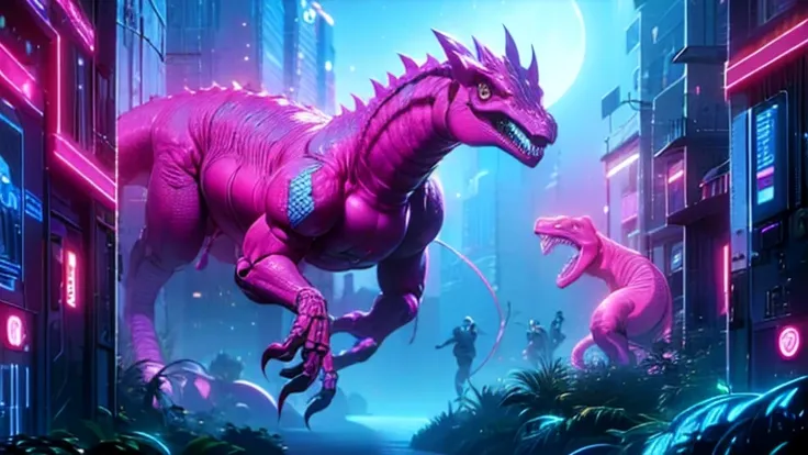 top quality, future world, State-of-the-art robot, (1 Beautiful Woman and 1 pink colour dinosaur) ,pink colour dinosaur in the background, flying hair, (Transformed into a cyborg except for the face), sexy images, whole body photo,