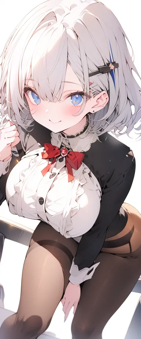 beautiful, masterpiece, Highest quality, anime, One girl, C Cup,Portrait Shot, View your viewers, Covered、Short Hair、nearby、Blue Eyes、art、、White hair,Blue streaked hair、hairpin、Cute smile、Thighs、Cute、Beautiful breasts、 tights、、brown_tights、Micro Mini、Caree...