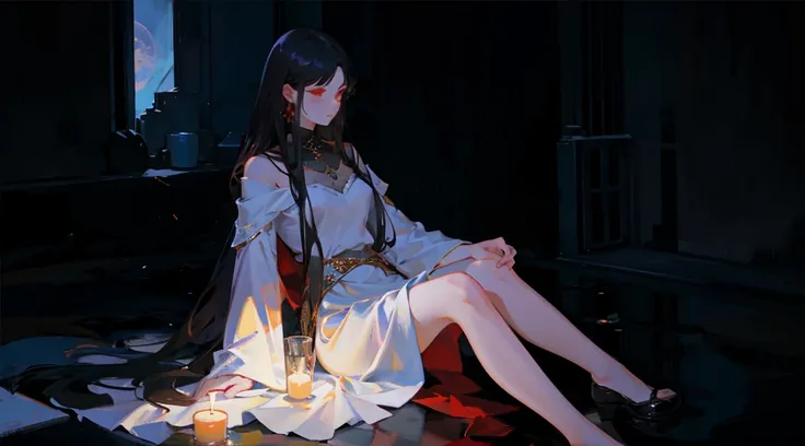 dark colours, a woman sitting on the ground, white night gown, dreamy, mysterious, long black hair, red lily in hand