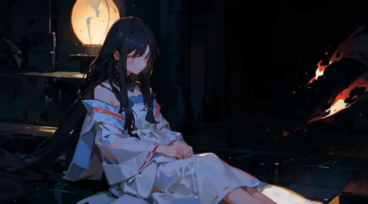 dark colours, a woman sitting on the ground, white night gown, dreamy, mysterious, long black hair, red lily in hand