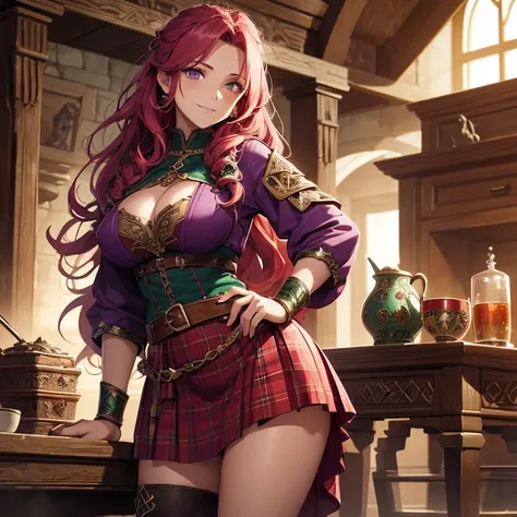 (absurdres, high fantasy artwork, best high quality image, carefuly detailed, very detailed features and textures) solo character
60 years old barbarian woman milf, long curly braided red hair, purple eyes, medium big breasts, (green scottish shirt, medium...