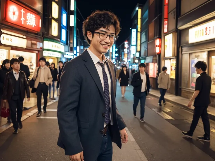 (best quality:1.2), masterpiece, Realistic, Ultra-high resolution, (((1 Japanese man:1.2))), 22 years old, Curly hair, Wearing glasses, Walking with a smile, City at night