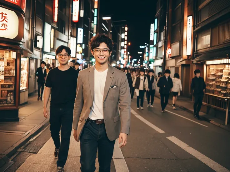 (best quality:1.2), masterpiece, Realistic, Ultra-high resolution, (((1 Japanese man:1.2))), 22 years old, Curly hair, Wearing glasses, Walking with a smile, City at night