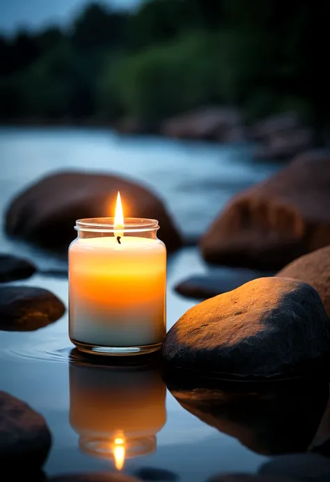 candle с кокосовым ароматом, candle, jar with aroma candle, candle горит, a jar with a candle stands on a stone, soft aura, blurred background, Dark, Strict style, Stylish design, cold haze, small jar, atmosphere, on a rock by the water 