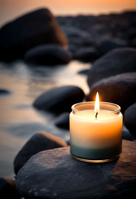 candle с кокосовым ароматом, candle, jar with aroma candle, candle горит, a jar with a candle stands on a stone, soft aura, blurred background, Dark, Strict style, Stylish design, cold haze, small jar, atmosphere, on a rock by the water 