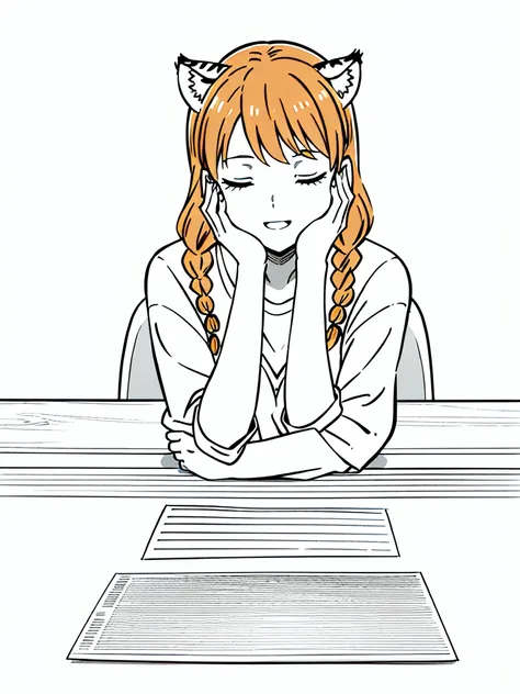 1girl,20 years old,solo,mature female,tiger ears,long hair,(twin braids),orange hair,casual,(white background,line drawing),closed eyes,open mouth,happy,from front,pov across table,waving, waving arm,hand_on_own_face, head_rest, hand_on_own_cheek