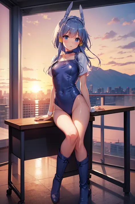 sit at a desk，classroom，sunset，high leg，leotard，boots，high resolution，overall image，