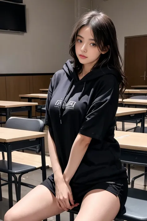 deux femmes ensemble de 18 ans sexy et mince , black short sleeve hoodie , salle de classe, se touche,position sey,sensuel