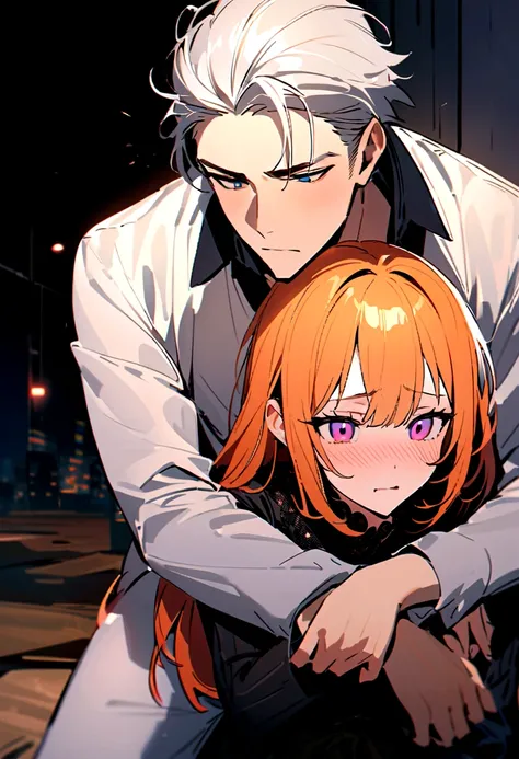 A handsome boy with orange hair and blueyes, hugging a beautiful girl with short white hair and violet eyes, possessively being clingy,the girl blushing from embarrassment,as he buried his face on the crook of her neck, hugging her from behind 