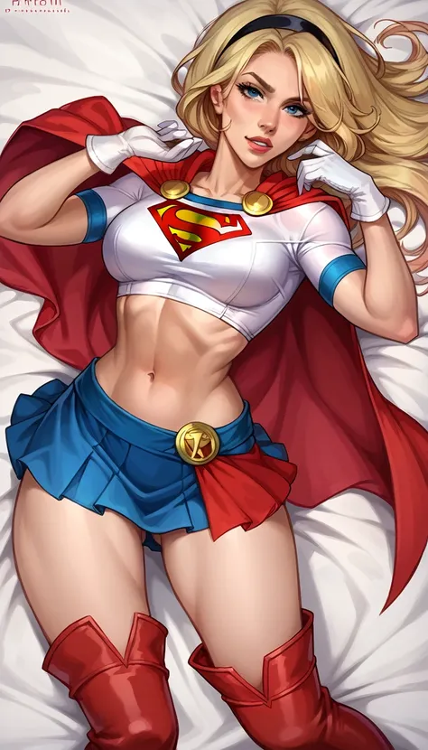 score_9, score_8_up, score_7_up, source_cartoon, BREAK 1girl, solo, Supergirl (DC Animated Universe), (long blonde hair:1.2), (black hairband:1.2), (white crop top, short sleeves:1.2), (short red cape:1.2), (short tight blue skirt:1.2), (white gloves:1.2),...